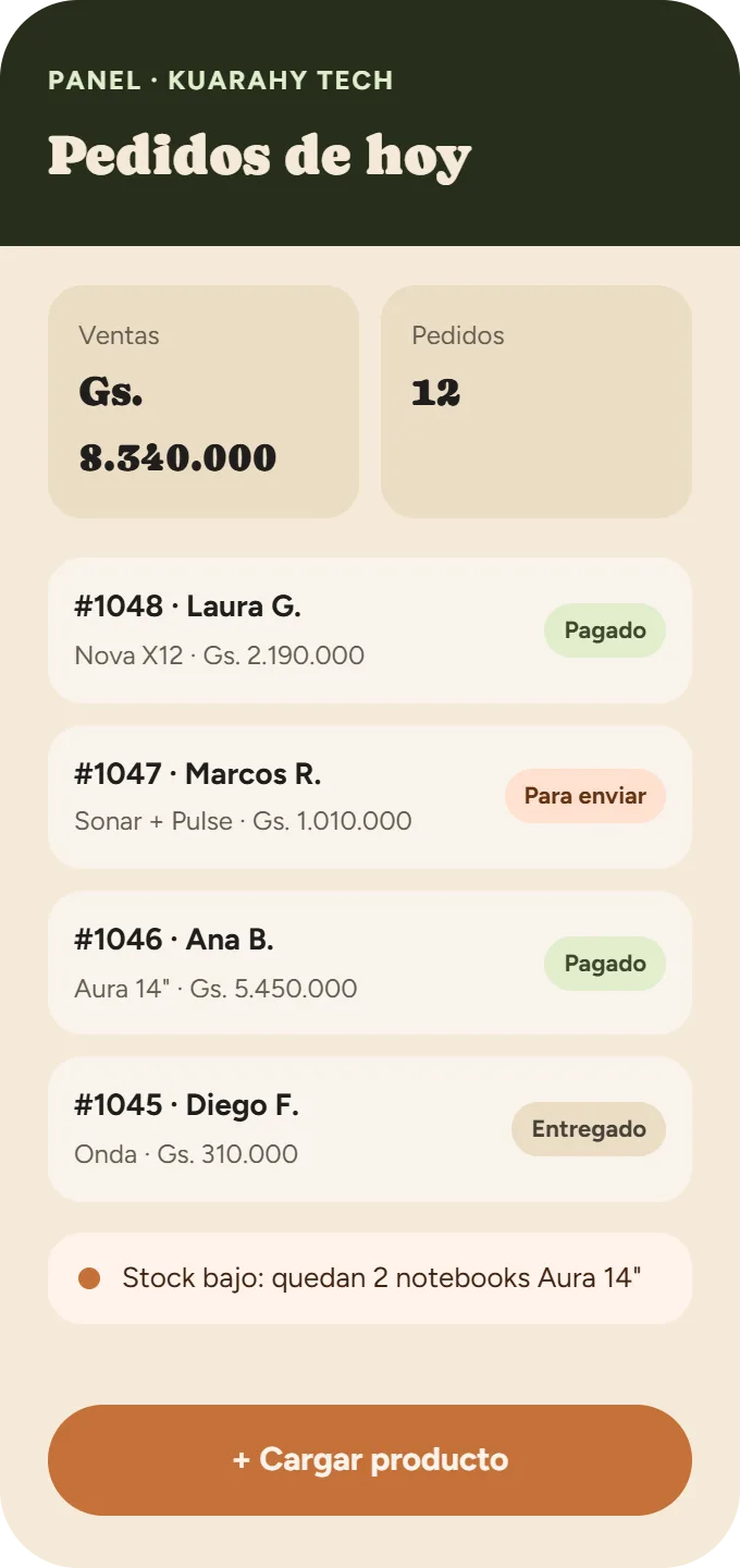 Panel de pedidos de Kuarahy Tech en celular